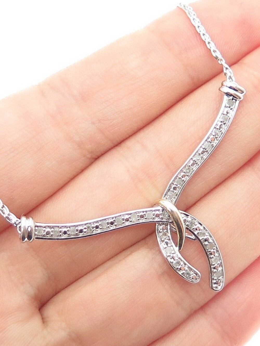925 Sterling Silver 2-Tone Real Round-Cut Diamond Serpentine Chain Necklace 18"